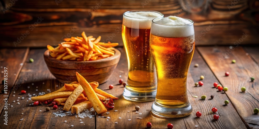 Poster A Rustic Tabletop Scene with Two Glasses of Frothy Beer, a Bowl of Crispy Fried Potatoes, and a Scattering of Salt and Peppercorns