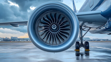 Close up of an airplane jet engine with detailed turbine blades