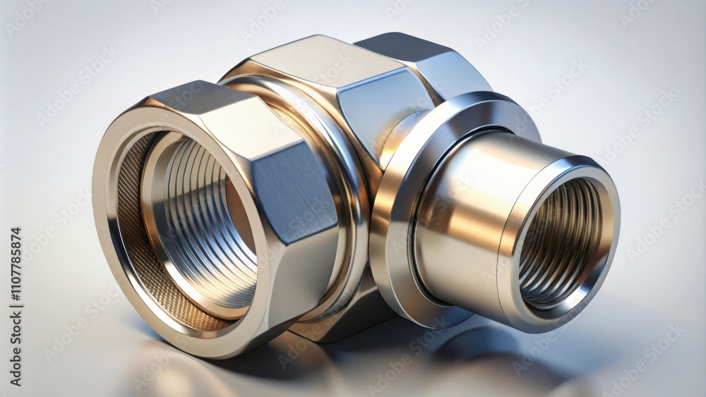 Poster a close-up view of a shiny metal coupling with threaded ends, showcasing its intricate details and t