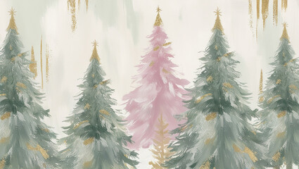 Obraz premium Full Christmas Trees in Pastel Paint with Gold Highlights – A Peaceful, Elegant Holiday Background Design