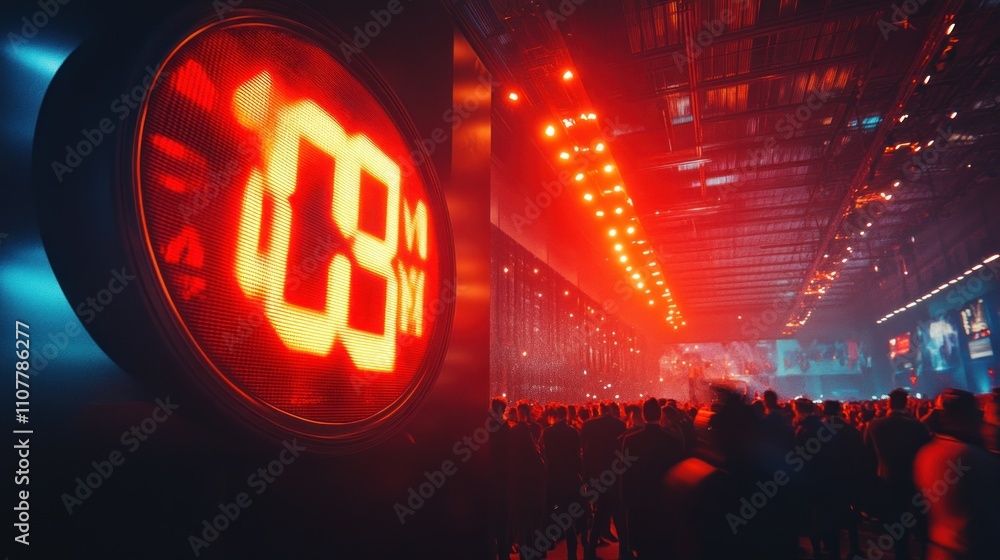 Poster red countdown timer at a large indoor event with a crowd.