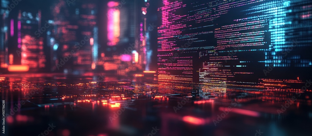 Aufkleber abstract background of futuristic city with glowing neon lights and data code.