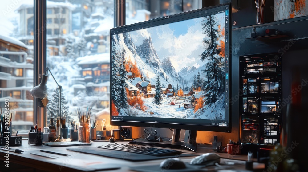 Poster cozy winter workspace with a stunning mountain view displayed on a large monitor.