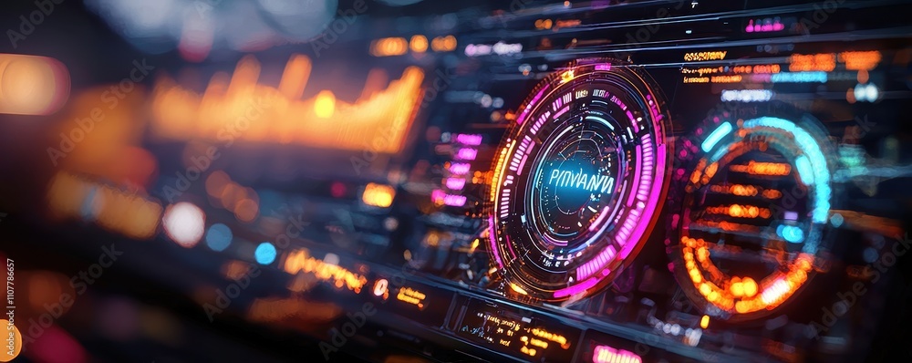Poster a vibrant, futuristic digital interface featuring glowing elements, graphs, and controls, suggesting