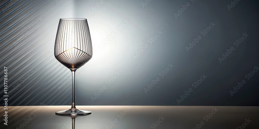 Poster A single wine glass with a geometric pattern stands on a table against a backdrop of soft light and subtle shadows