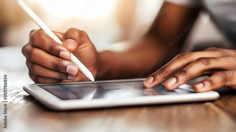Poster close-up of hands using a stylus on a tablet, analyzing data charts. a modern business professional 
