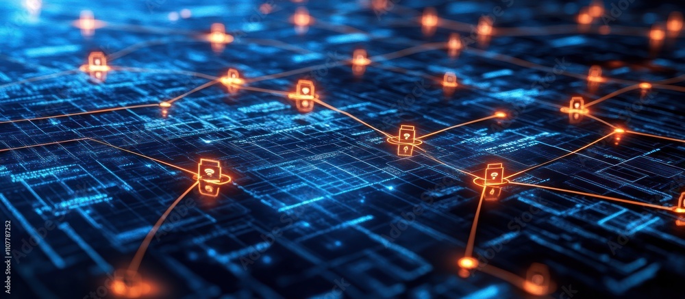 Poster abstract concept of cyber security with connected network of glowing padlock icons on blue tech back