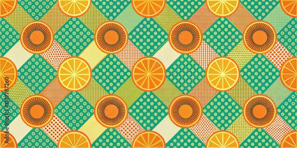 Poster A seamless pattern of vibrant orange slices arranged in a geometric grid, with a background of green and yellow polka dots and various other patterns.