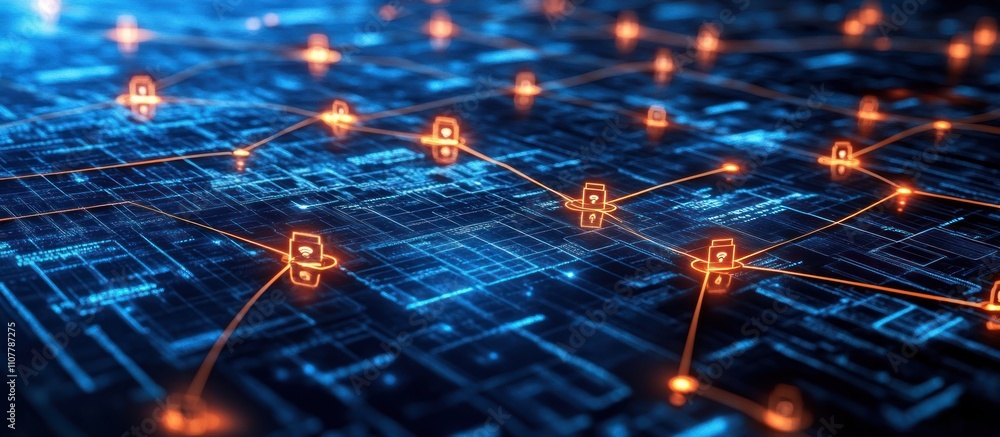 Poster abstract digital network with orange glowing nodes connected by lines on a dark blue background.