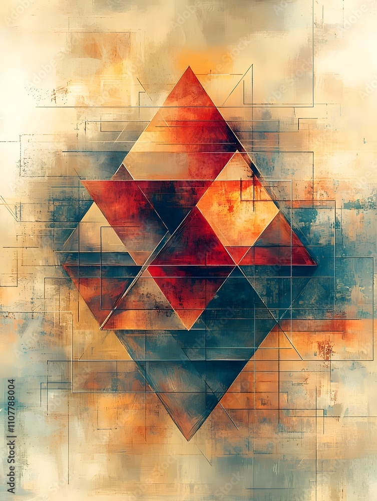 Poster an abstract geometric composition featuring triangular shapes in warm tones of red and orange, set a