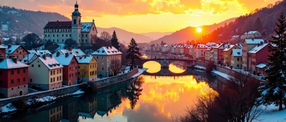 Naklejka premium Ljubljana Sunset: Old Town Charm, Winter Sun, Slovenia