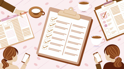 brainstorm or work discussion, task or meeting reminder clipboard, business people meeting with agenda checklist