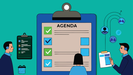 brainstorm or work discussion, task or meeting reminder clipboard, business people meeting with agenda checklist