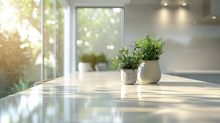 Two potted plants on a sunlit kitchen counter near a window.