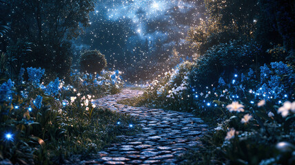 Obraz premium A mystical garden under a starry sky, where flowers glow like constellations, illuminating winding cobblestone paths and creating a serene and enchanting atmosphere.