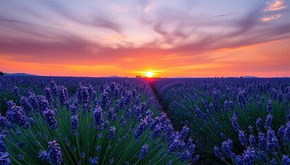 Obraz premium Lavender flowers bloom in a purple haze across a sun-kissed French meadow