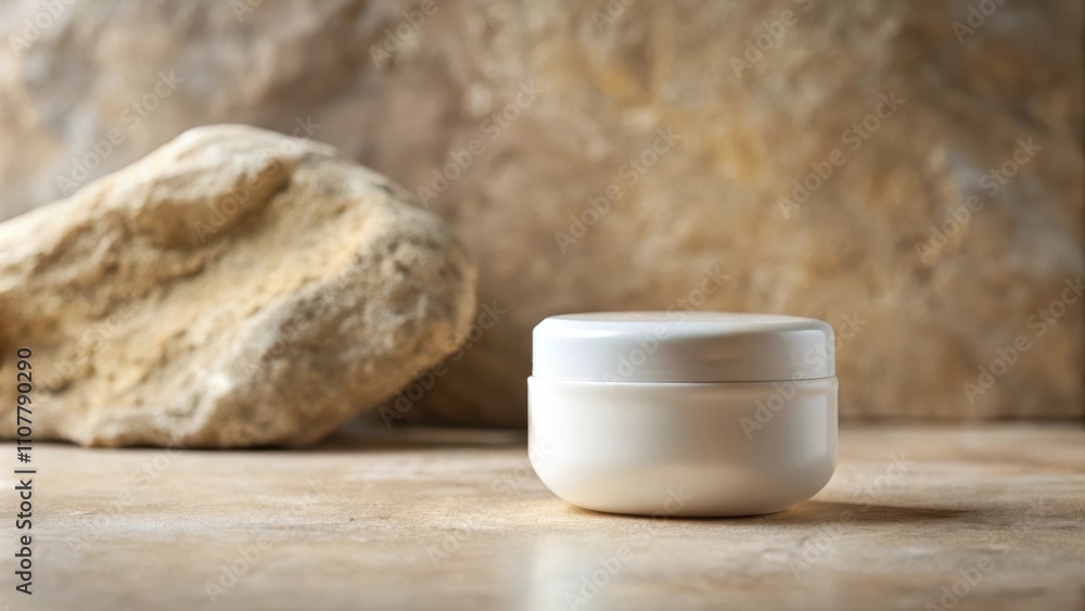 Poster a white cream jar with a smooth surface sits on a light brown textured surface, with a large rock bl