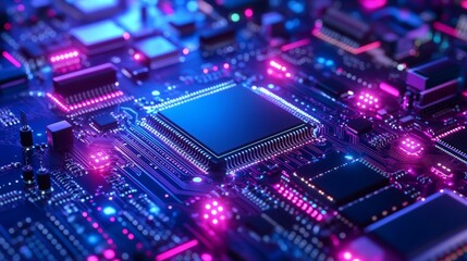 Obraz premium Futuristic abstract technology background featuring a blue and purple circuit board design with glowing digital lines, high-tech patterns, and a sleek neon aesthetic for modern innovation concepts and