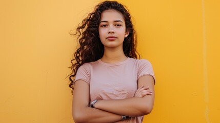 Obraz premium photograph of Confident young woman standing with her arms crossed on yellow background