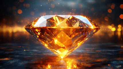 Fototapeta premium stunning orange diamond glistens with brilliance against blurred background, showcasing its intricate facets and vibrant color. sparkling light creates captivating atmosphere