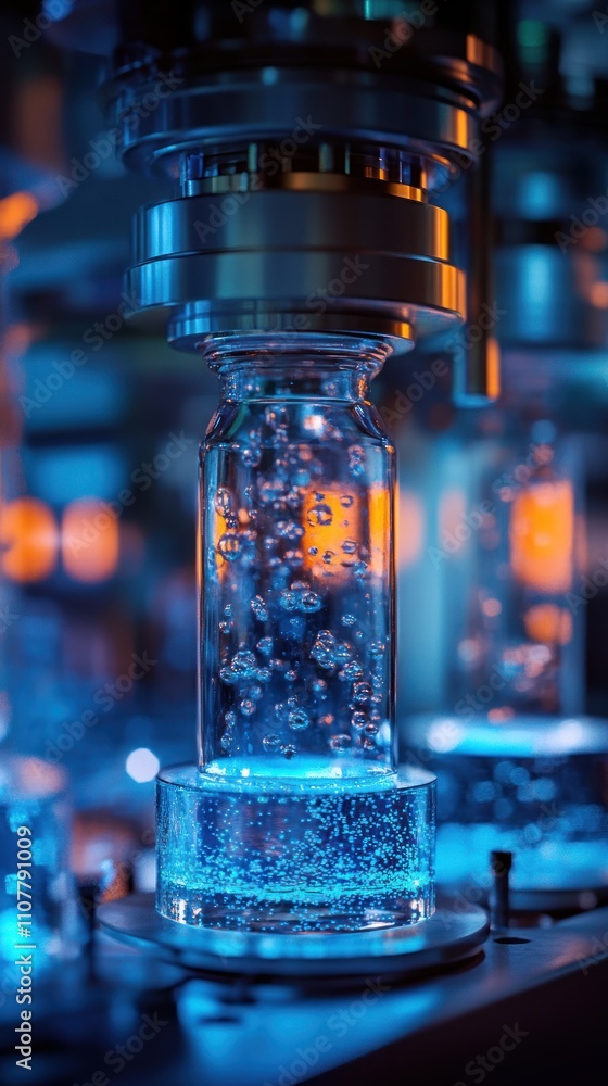 Poster close-up of automated filling machine filling a glass bottle with liquid.