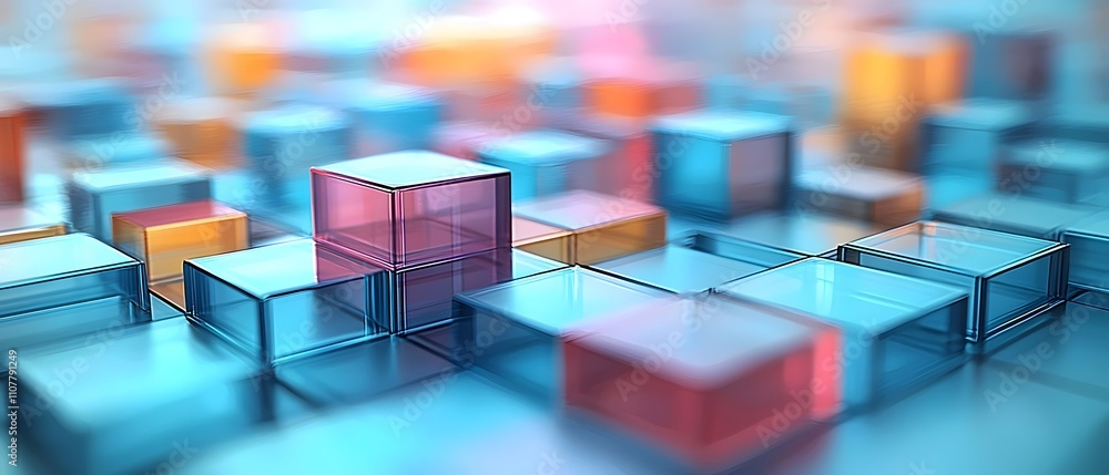 Poster Abstract close-up of colorful translucent blocks in shades of blue, purple, and orange, creating a serene and dynamic visual composition with soft lighting.