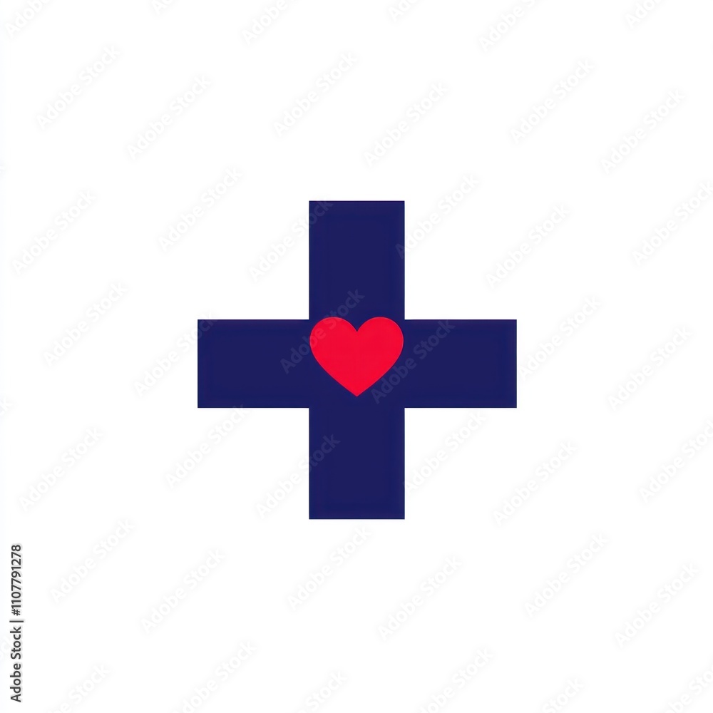 Poster here's a possible and keyword list for your image.. red heart in navy blue medical cross.