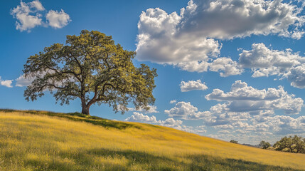 Obraz premium A single, large tree stands on a grassy hilltop in a field with rolling hills and a blue sky.