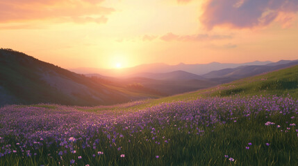 Obraz premium A magical landscape where rolling hills are covered in soft, glowing flowers in shades of pink, blue, and violet. The sky is a gradient of deep purple fading into soft orange, with a golden sun