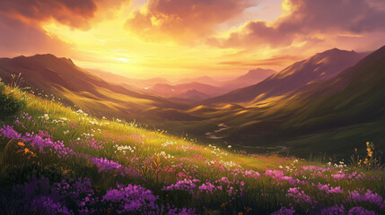A magical landscape where rolling hills are covered in soft, glowing flowers in shades of pink, blue, and violet. The sky is a gradient of deep purple fading into soft orange, with a golden sun