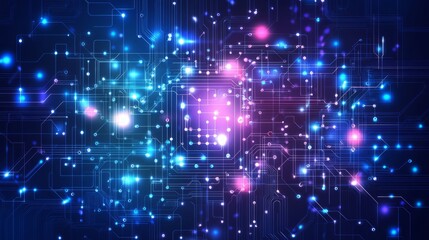 Futuristic abstract technology background featuring a blue and purple circuit board design with glowing digital lines, high-tech patterns, and a sleek neon aesthetic for modern innovation concepts and