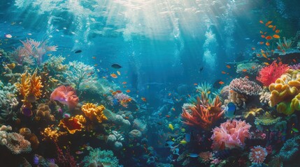 Obraz premium photograph of Coral reef underwater with vibrant marine life, promoting ocean preservation