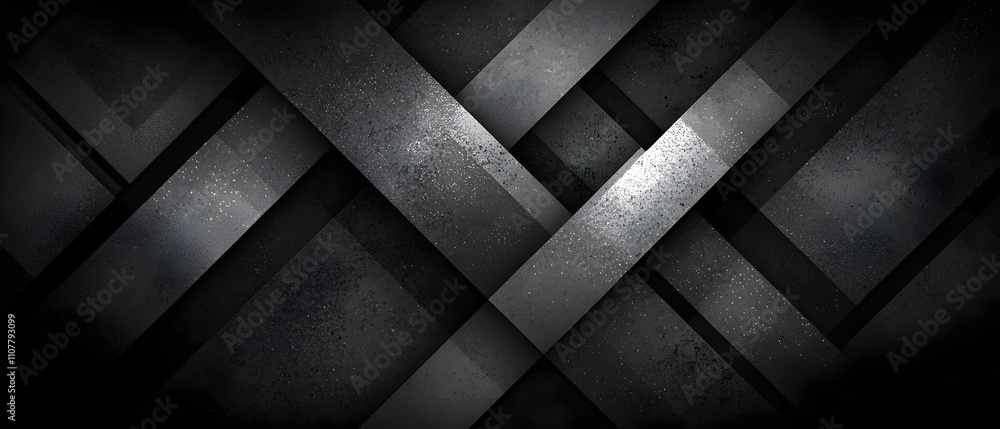 Poster an abstract composition featuring interwoven black and gray metallic geometric shapes, creating a st
