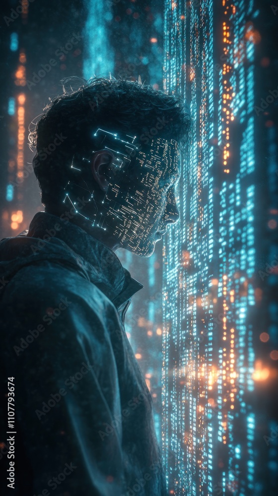 Aufkleber a man stands before a wall of digital code, his face illuminated by the glowing data streams.