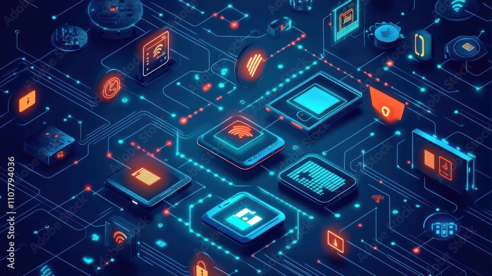 Poster a digital illustration of connected devices and data flow on a circuit board.
