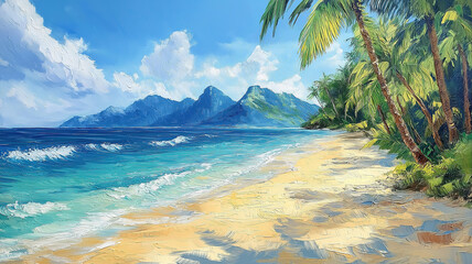 Naklejka premium Serene tropical beach and azure sea creating a relaxing landscape for escape and tranquility