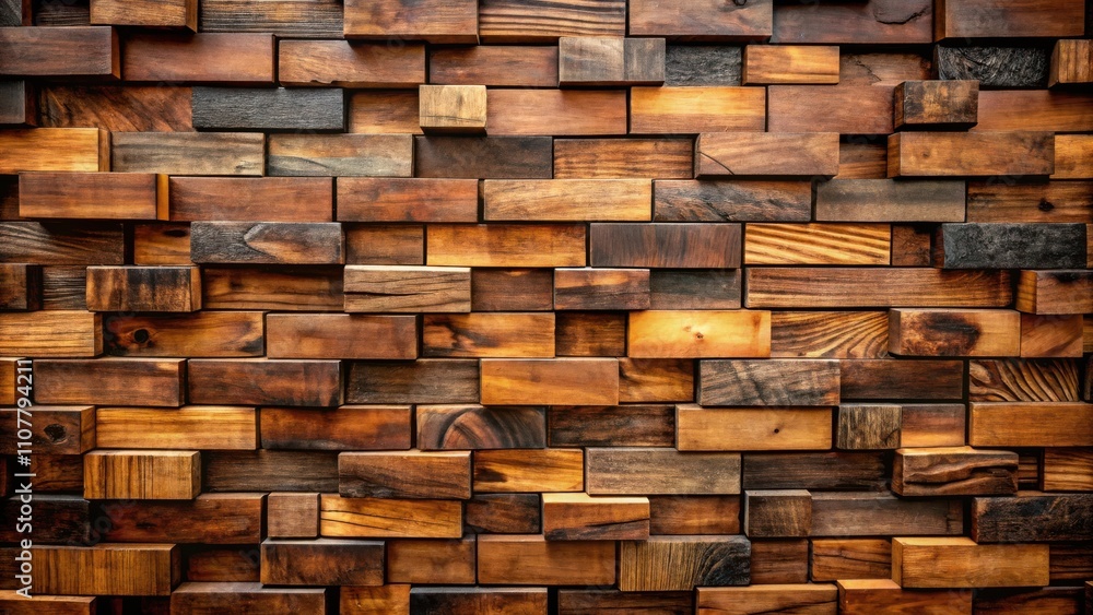 Poster An Abstract Wood Block Wall, Comprised of Reclaimed Lumber with Varying Colors and Grains, Creates a Unique and Textured Surface