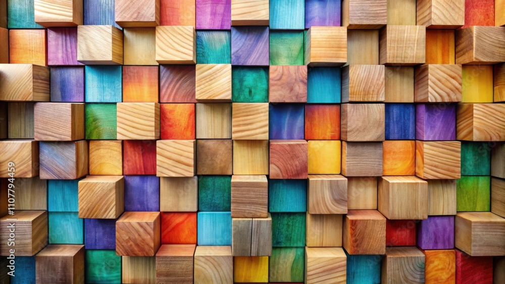 Aufkleber A colorful abstract pattern of wood blocks, showcasing a variety of hues and shades, arranged in a grid pattern, creating a visually stimulating and intriguing composition.