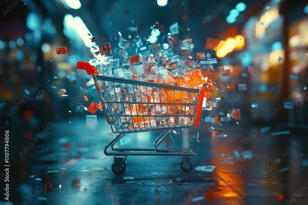 Aufkleber exploding shopping cart overflowing with digital products in a city at night.