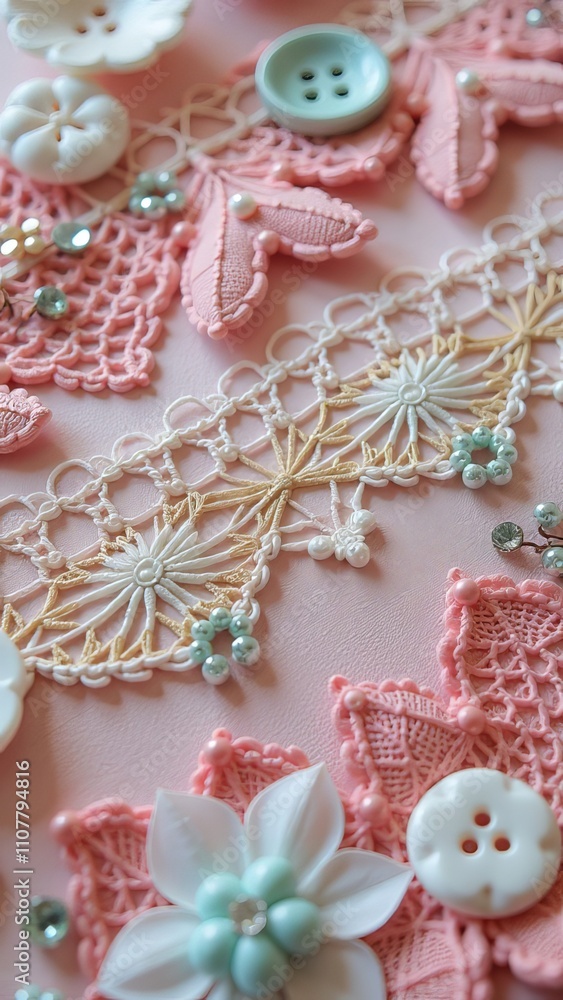 Poster a close up of buttons and lace with a pink background