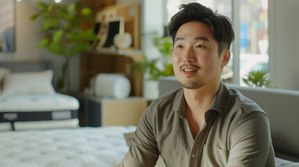 A highly realistic image of a Korean man being interviewed in a bright mattress store.