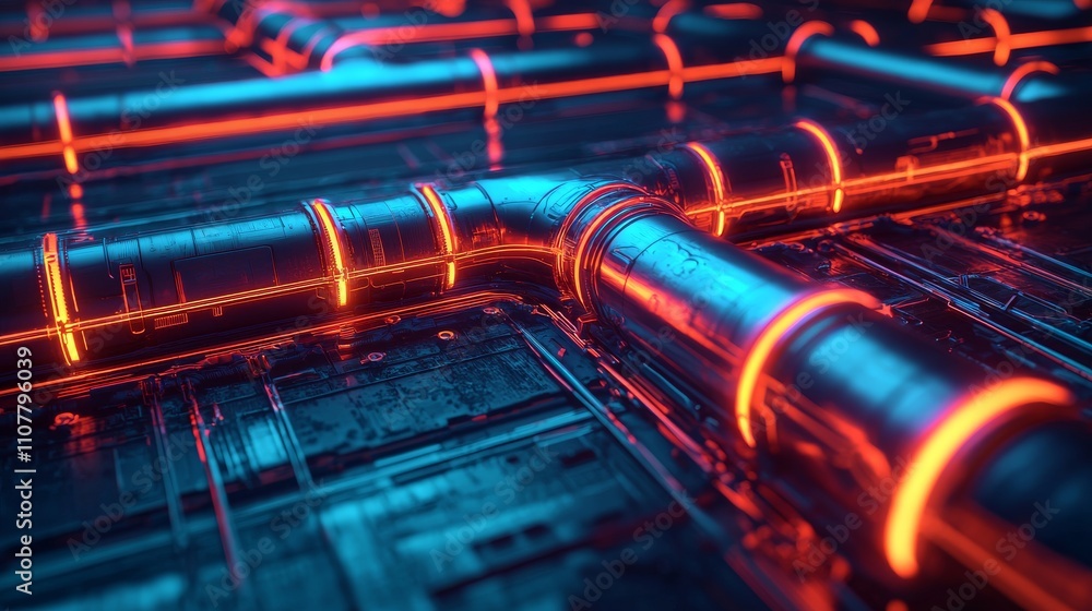 Poster a futuristic network of glowing pipes and circuits, illuminated in blue and red hues, creating a hig