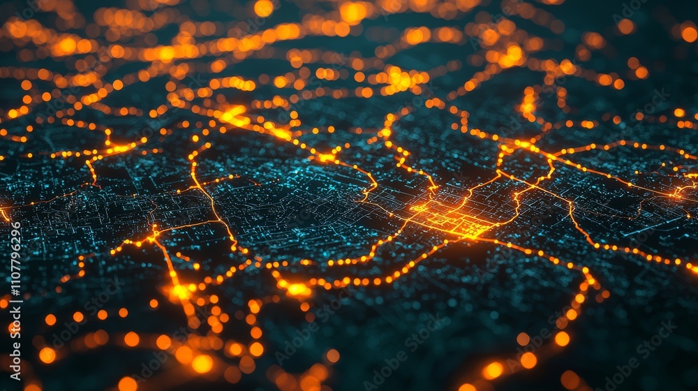 Poster a vibrant digital map with glowing orange lines representing traffic routes, interconnected pathways