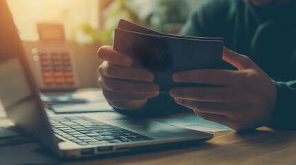 Person reviewing finances, holding wallet near laptop.  Financial planning, budgeting, money management concept.