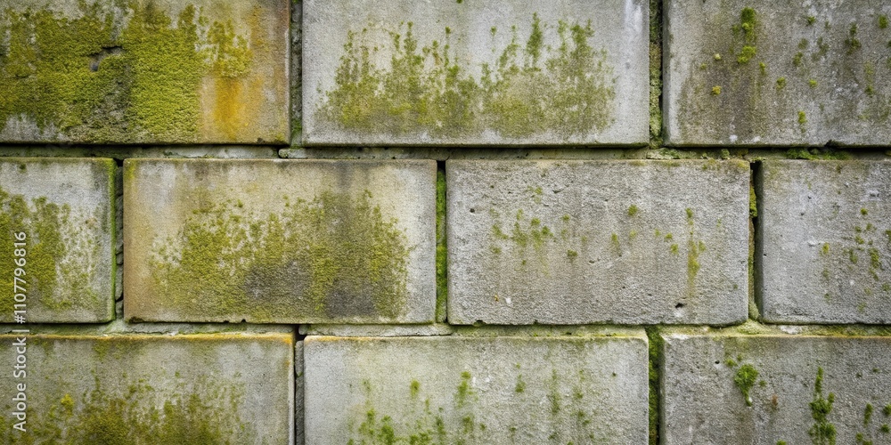Poster a weathered concrete block wall covered in moss and lichen, showcasing the passage of time and the r