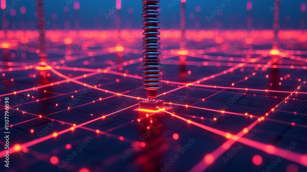 Poster a futuristic digital landscape featuring glowing red lines and nodes, resembling a network or data g