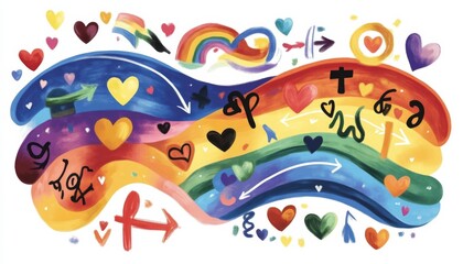 Illustration rainbow-colored background various symbols hearts scattered throughout Watercolor LGBTQ+