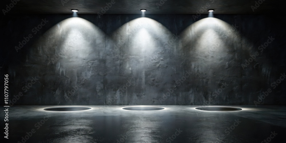 Poster dark concrete room with spotlights and empty circular platforms