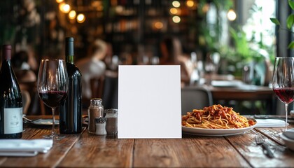 Fototapeta premium Elegant Menu Poster Mockup Displayed on a Large Wooden Table in a Restaurant Setting, Perfect for Showcasing Culinary Offerings and Ambiance.