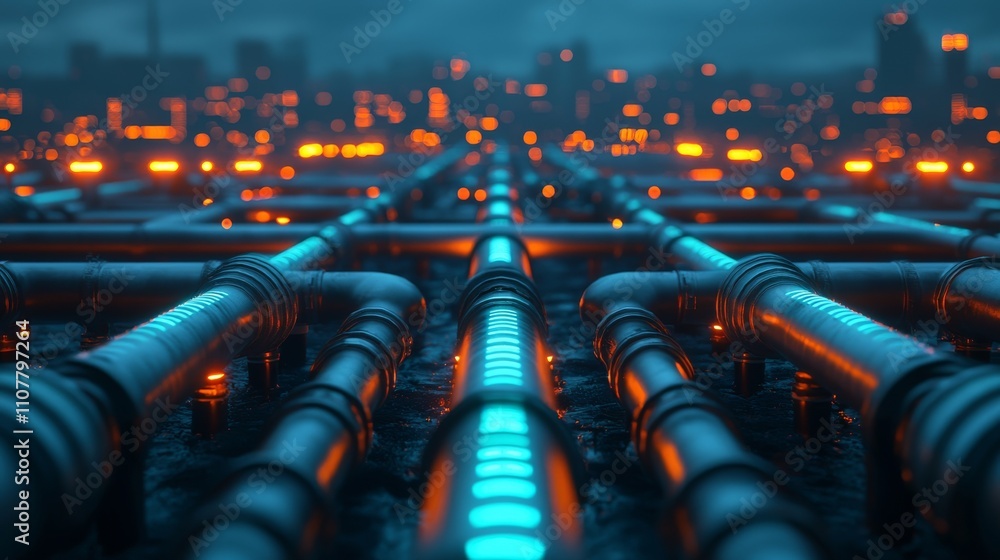 Poster a futuristic urban landscape filled with illuminated pipes and structures, creating a vibrant, techn